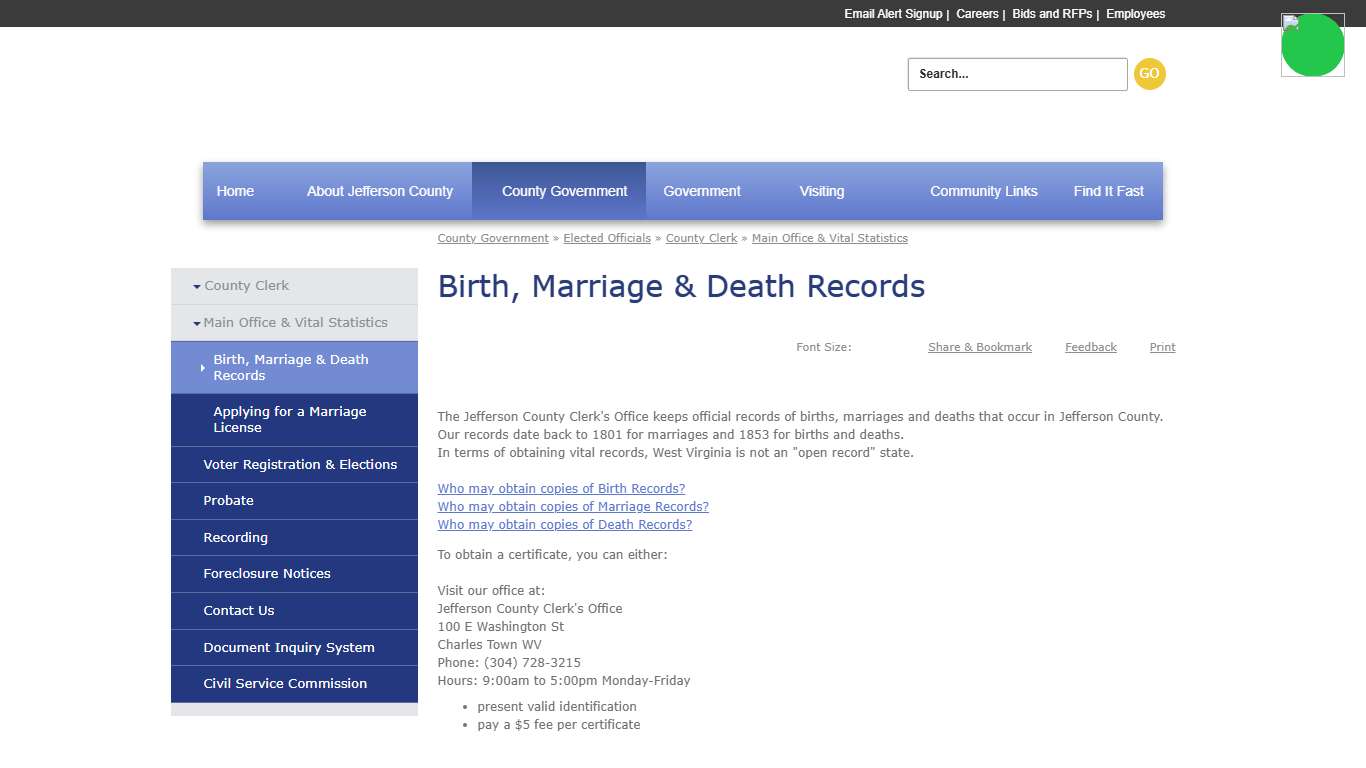 Birth, Marriage & Death Records Jefferson County Commission, WV