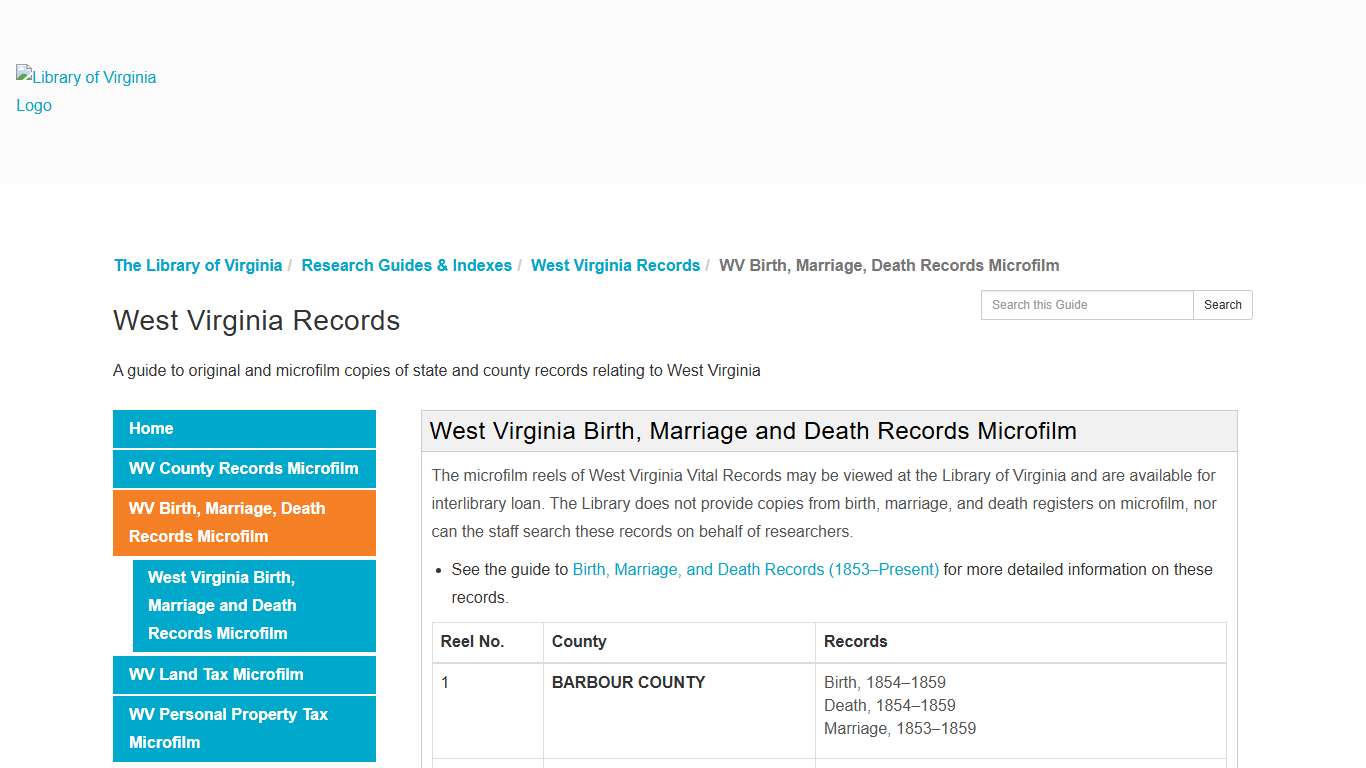 WV Birth, Marriage, Death Records Microfilm - West Virginia Records - Research Guides & Indexes at The Library of Virginia